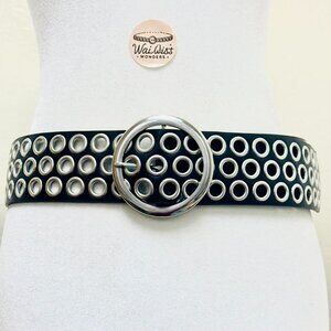 Black and silver studded belt with metal circle details